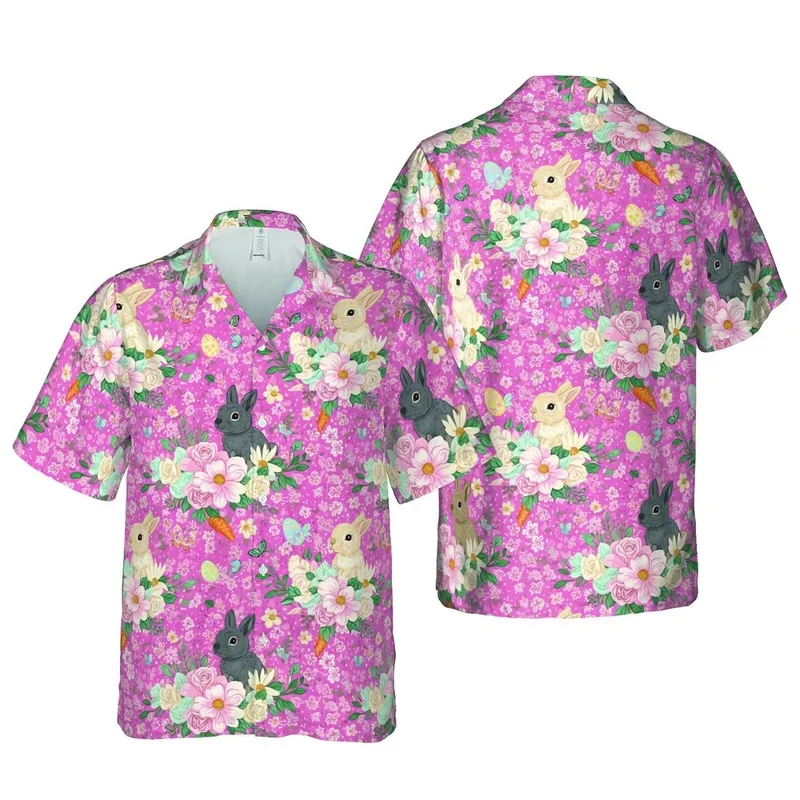 Baby Bunny Hawaiian Rosy Pink Floral Pastel Roses Daisies Carrots Eggs Design Short-sleeve Hawaiian Shirt - 1