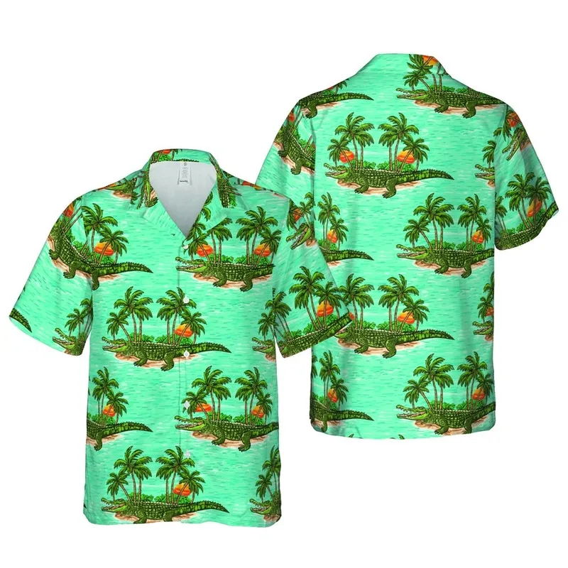 Green Alligator Crocodile Seamless Sandy Island Blue Water Palm Tree Sublimation Print Short-sleeve Hawaiian Shirt - 1