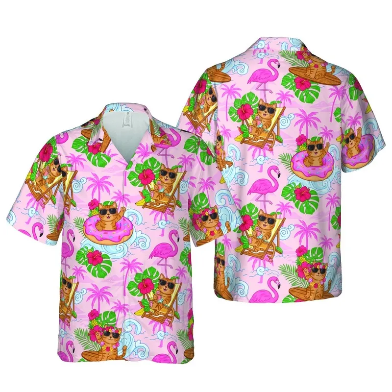 Tabby Cats Sunglasses Surf Beach Pink Hawaiian Flamingo Hibiscus Island Pattern Short-sleeve Hawaiian Shirt - 1