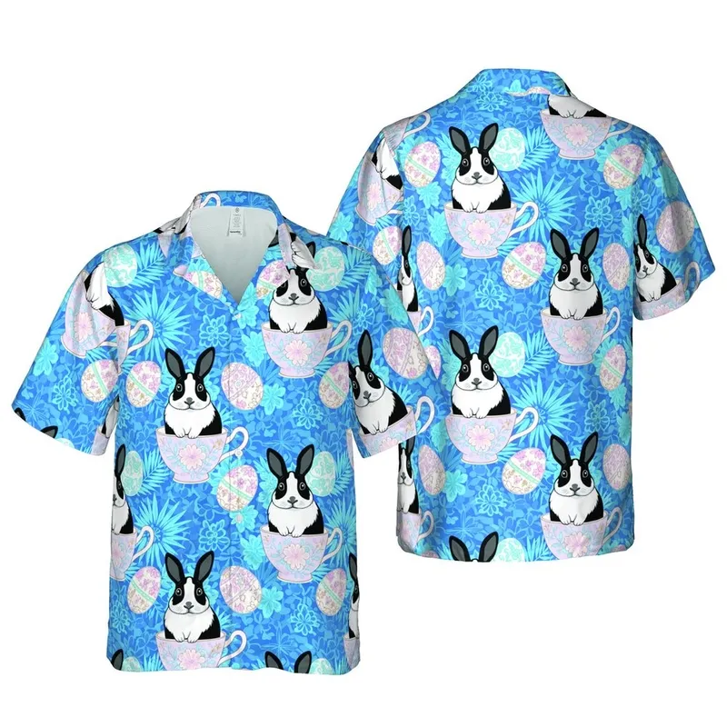 Dutch Rabbit Fan Hawaiian Pattern: Ornate Teacup & Floral Egg Design, Cerulean Aqua Short-sleeve Hawaiian Shirt - 1