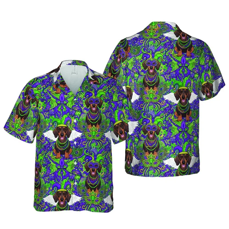Tropical Mardi Gras Dachshunds: Jester Hats, Masks, Fleur-de-Lis Purple Green Gold Short-sleeve Hawaiian Shirt - 1