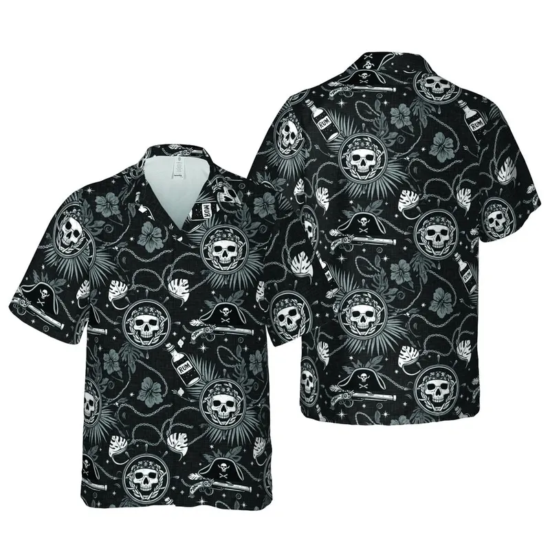 Pirate Skulls Hawaiian Pattern: Ship Wheels, Rum Bottles, Charcoal Texture Short-sleeve Hawaiian Shirt - 1