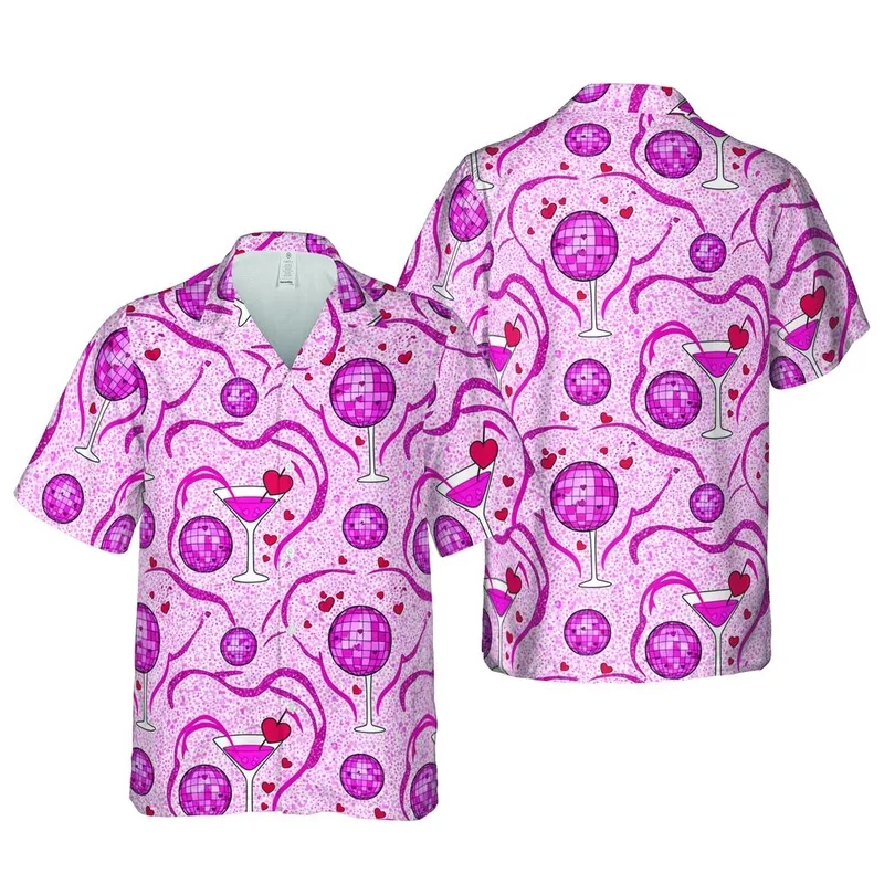 Hawaiian Martini Glass Disco Ball Print Hot Pink Magenta Ruby Red Hearts Sparkle Micro-dots Short-sleeve Hawaiian Shirt - 1