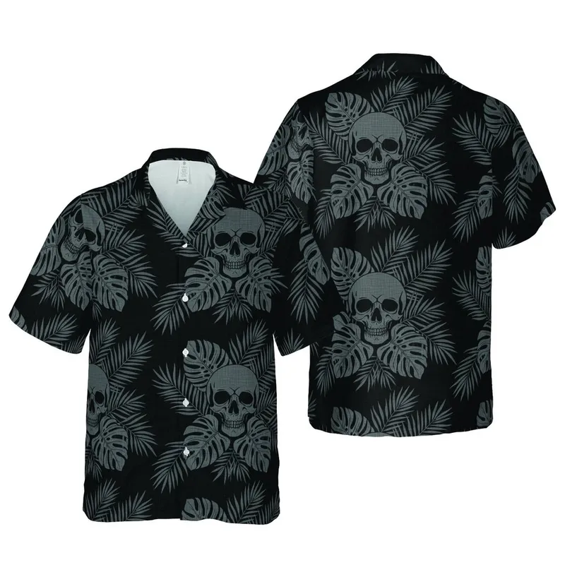 Seamless Hawaiian Motif: Ash Gray Skull Arrangement, Dark Charcoal Tropical Foliage Short-sleeve Hawaiian Shirt - 1