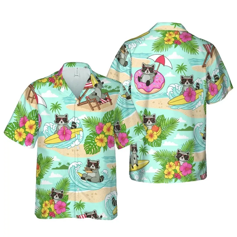 Raccoon Surfing Beach Chair Donut Design with Palm Tree Hibiscus Ocean & Island Sky Short-sleeve Hawaiian Shirt - 1