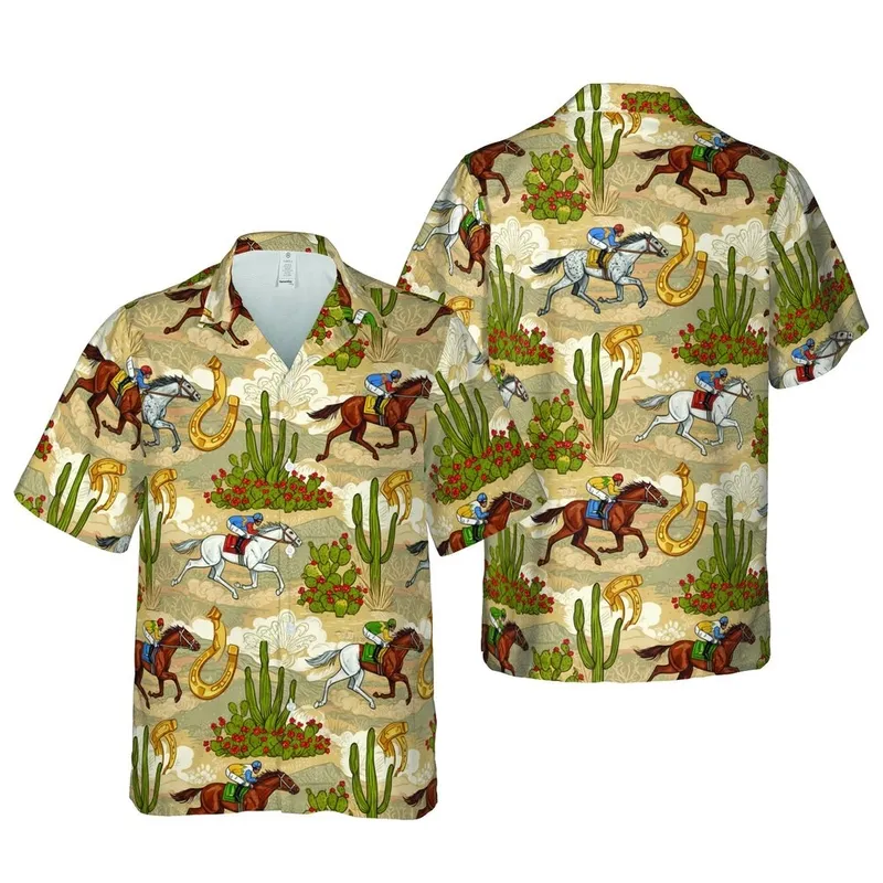 Galloping Racehorses Golden Horseshoes Saguaro Cactus Desert Fabric Print Short-sleeve Hawaiian Shirt - 1