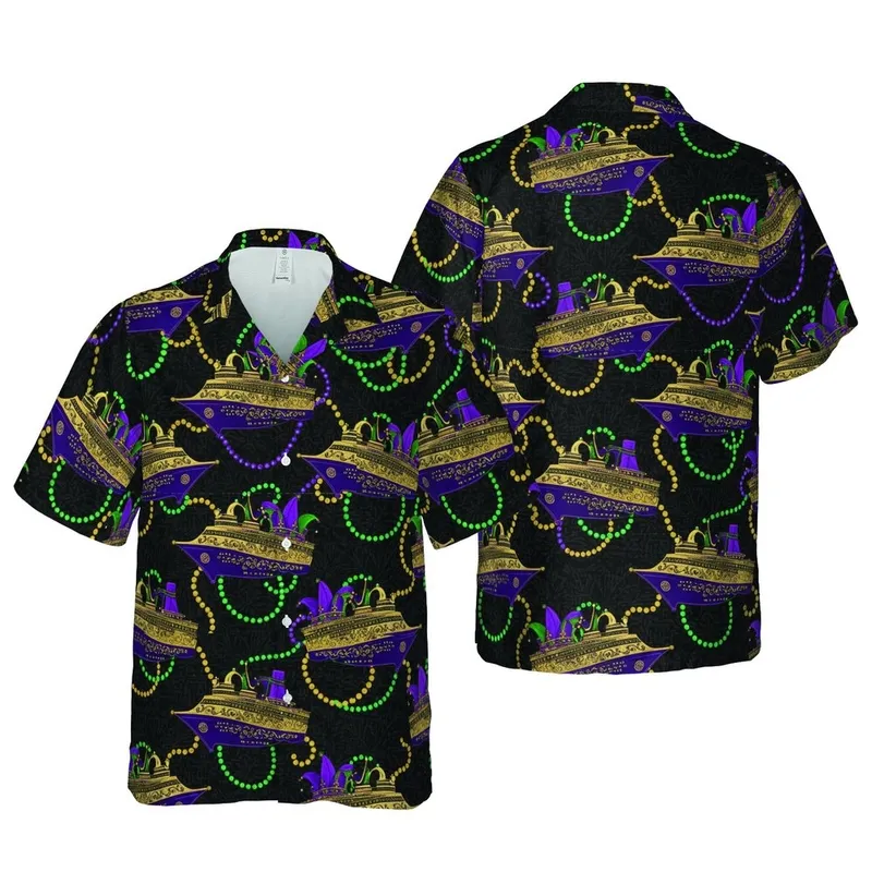 Mardi Gras Cruise Hawaiian Pattern: Stylized Ships, Gold Crowns, Green Purple Yellow Beads Fabric Design Short-sleeve Hawaiian Shirt - 1