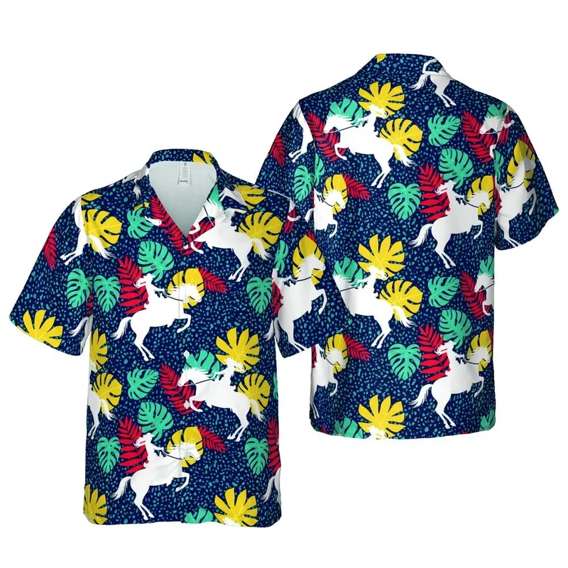 Cowboy Cowgirl Hawaiian Pattern | Rearing Horses, Tropical Leaves, Navy Speckles Short-sleeve Hawaiian Shirt - 1