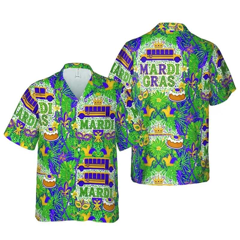 Mardi Gras School Bus Crown Fleur-de-lis Mask King Cake Beads Tropical Fabric Print Short-sleeve Hawaiian Shirt - 1