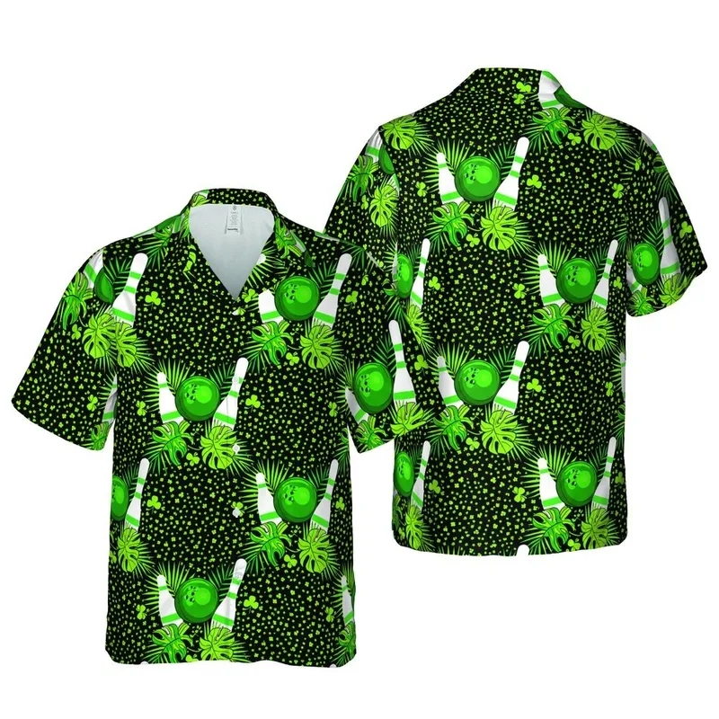 Bowling Pins Emerald Balls Shamrock Palm Monstera Hawaiian Black Lime Green Short-sleeve Hawaiian Shirt - 1