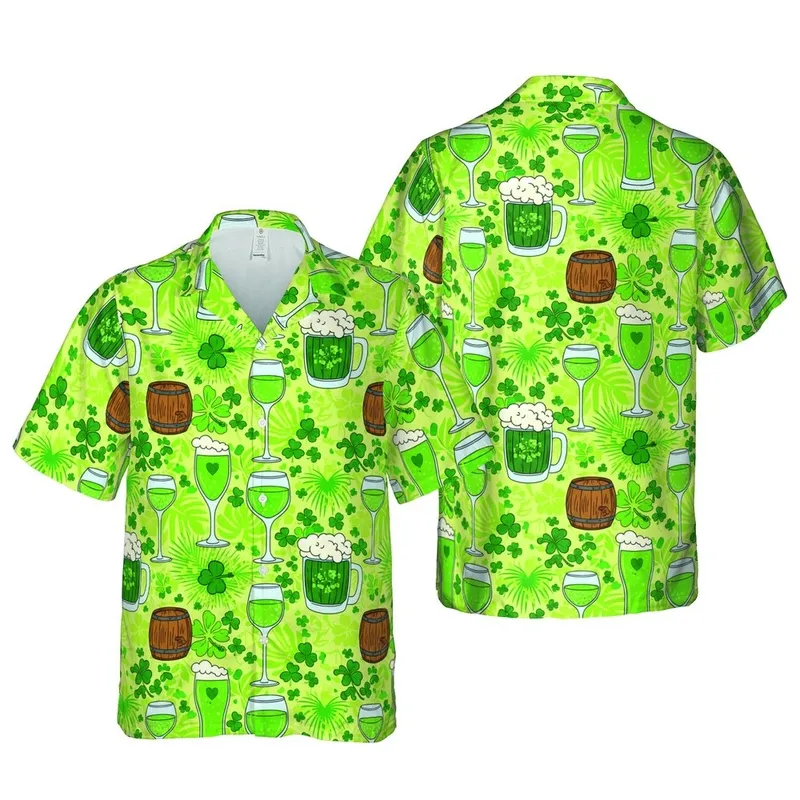 Hawaiian Green Beverage Pint Glass Cocktail Shamrock Barrel Fabric Design Short-sleeve Hawaiian Shirt - 1