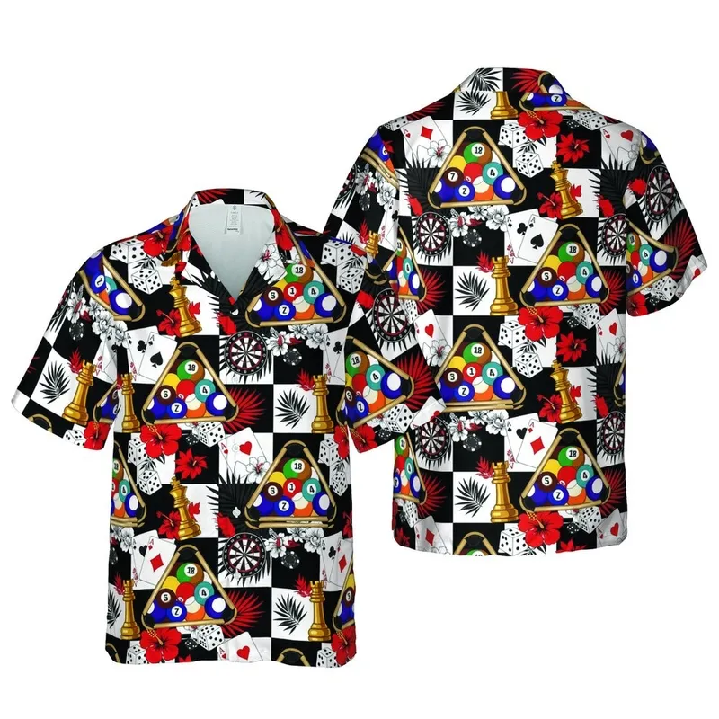 Tropical Billiard Dart Chess Card Dice Pattern: High Contrast Poker Chip Checkerboard Short-sleeve Hawaiian Shirt - 1