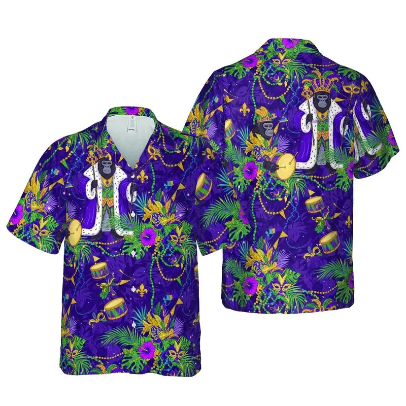 Mardi Gras Anthropomorphic Gorillas Tropical Palm Leaves & Carnival Mask Scene Short-sleeve Hawaiian Shirt - 1