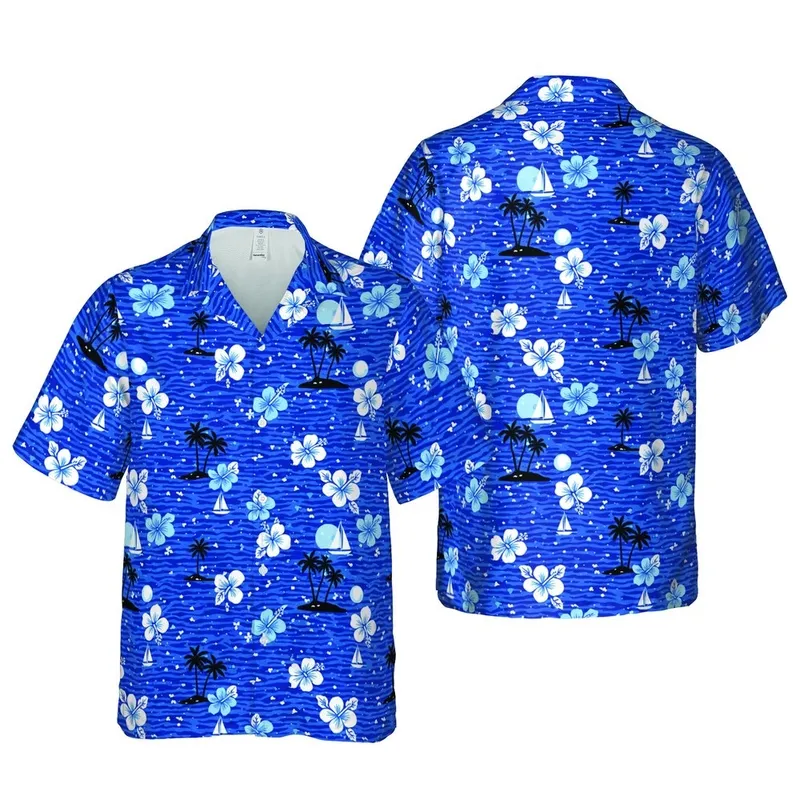 Hawaiian Palm Island Sailboat Water Mosaic, Hibiscus Flowers, Sublimation Fabric Short-sleeve Hawaiian Shirt - 1