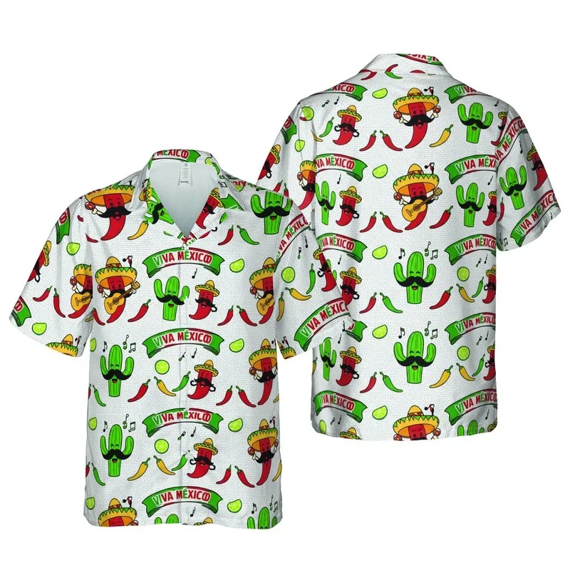 Hawaiian Mexico Cacti Chili Pepper Sombrero Guitar Lime Design Pattern Short-sleeve Hawaiian Shirt - 1