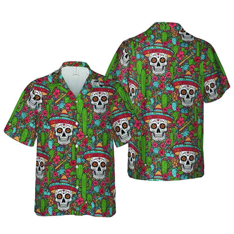 Dia de los Muertos Sugar Skull Cactus Maraca Hawaiian Botanical Fabric Design Short-sleeve Hawaiian Shirt - 1
