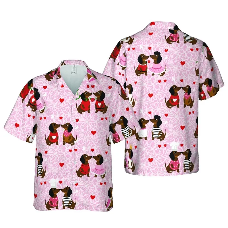 Dachshund Lover Tropical Pattern: Crowned Chef Tutu Dachshunds & Be Mine Roses Short-sleeve Hawaiian Shirt - 1
