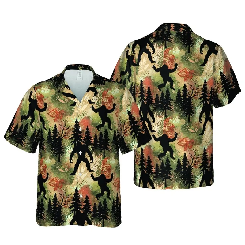 Bigfoot Hawaiian Sasquatch Silhouettes Layered Forest Black Tan Orange Brown Pattern Short-sleeve Hawaiian Shirt - 1