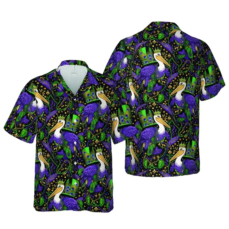 Pelican Mardi Gras Crown Hawaiian Design - Purple Green Gold Fleur-de-lis Pattern Short-sleeve Hawaiian Shirt - 1