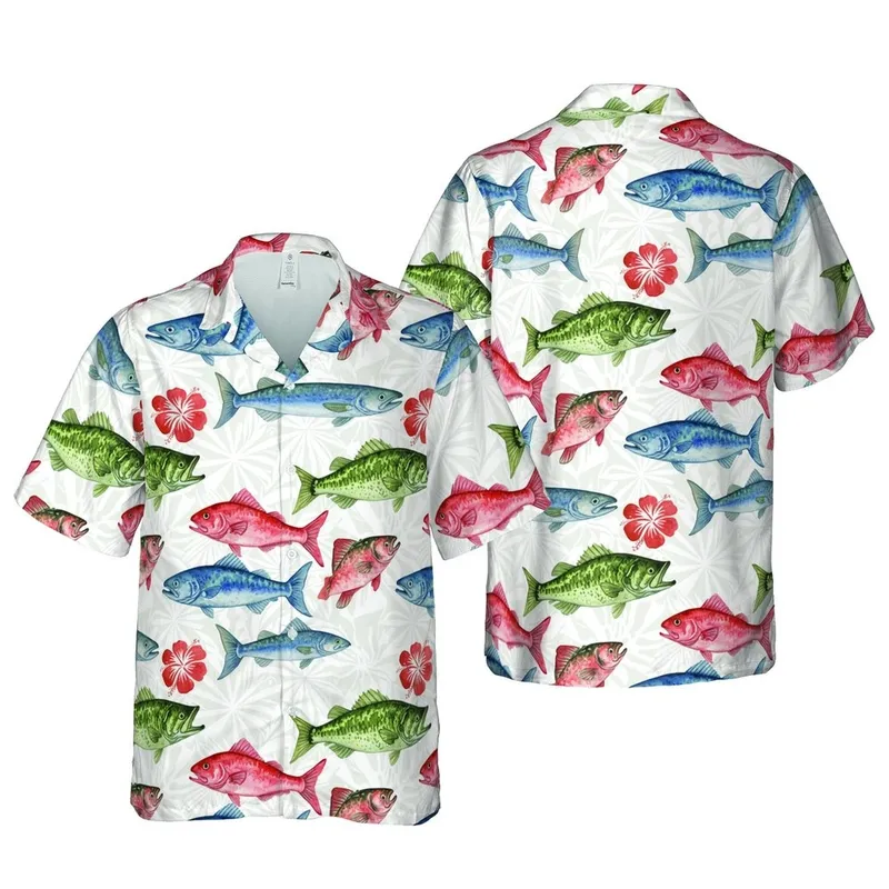 Hawaiian Fish: Watercolor Bass Perch Salmon Mackerel Pattern - White Mosaic Textile Short-sleeve Hawaiian Shirt - 1