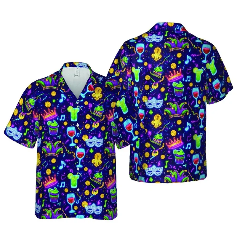 Jester Hats & Crowns Hawaiian Pattern: Neon Glow Cocktails, Fleur-de-lis Textile Design Short-sleeve Hawaiian Shirt - 1