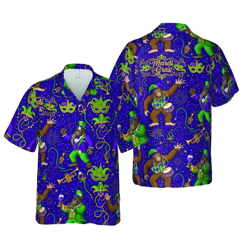 Mardi Gras Sasquatch Gorilla Hawaiian Pattern: Jester Hats, Music, Purple Green Gold Short-sleeve Hawaiian Shirt - 1