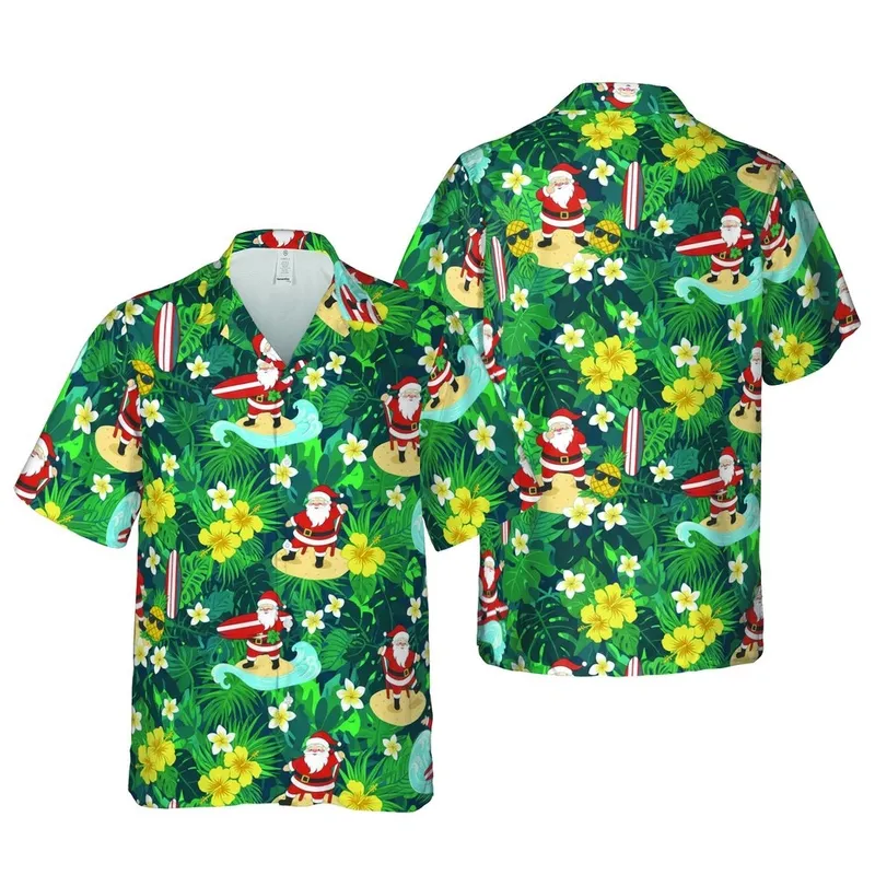Santa Claus Hawaiian Surfing Dabbing Hibiscus Monstera Palm Leaf Christmas Print Short-sleeve Hawaiian Shirt - 1
