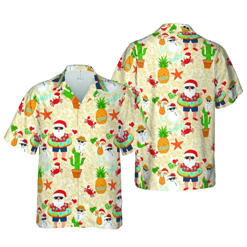 Hawaiian Christmas Santa Claus Snowman Cactus Pineapple Crab Starfish Tropical Pattern Short-sleeve Hawaiian Shirt - 1