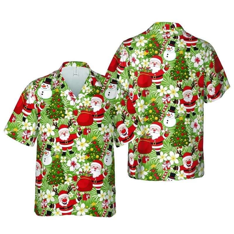 Hawaiian Christmas Cartoon Santa Reindeer Tree Holly Snowman Presents White Pattern Short-sleeve Hawaiian Shirt - 1