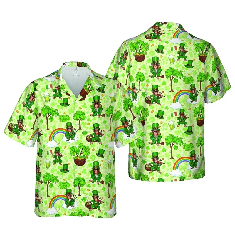 Leprechaun Chimpanzee Hawaiian Pattern St. Patrick's Day Clover Gold Rainbow Design Short-sleeve Hawaiian Shirt - 1