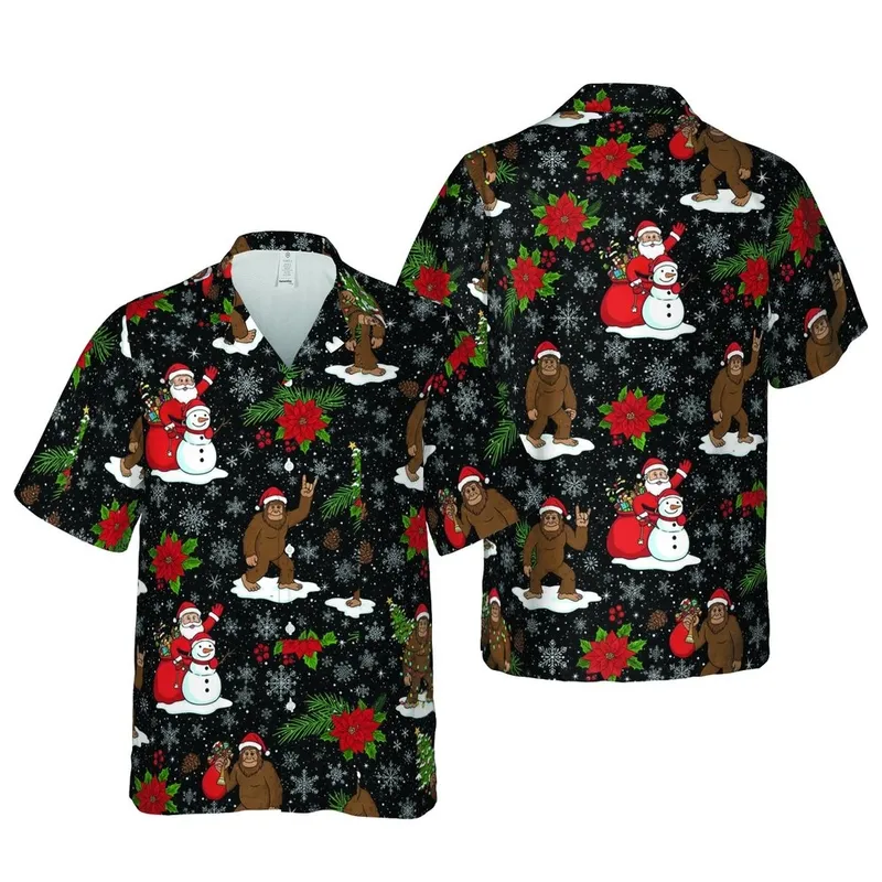 Bigfoot Christmas Tropical: Sasquatch Tree Lights Snowman Holly Poinsettia Short-sleeve Hawaiian Shirt - 1