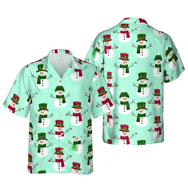 Snowman Top Hat Beanie Scarf Winter Branch Holly Crimson Green Teal Pattern Design Short-sleeve Hawaiian Shirt - 1