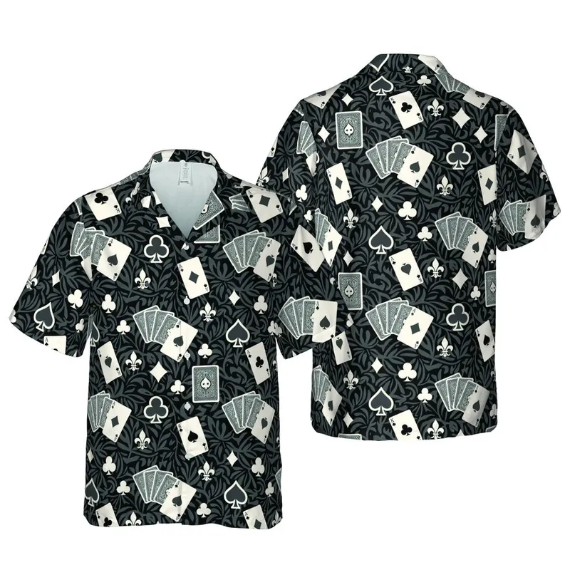 Ace of Spades Hawaiian Pattern: Playing Cards, Suits, Fleur-de-Lis, Black Mosaic Ground Short-sleeve Hawaiian Shirt - 1