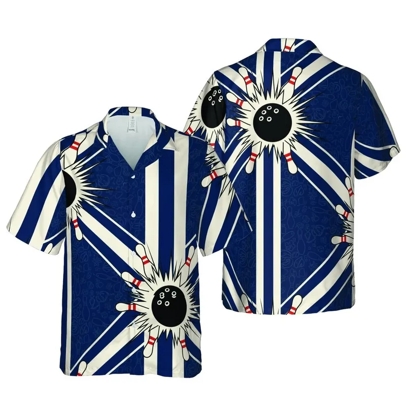 Bowling Enthusiast Hawaiian Strike Pattern: Navy Red Off-White Bowling Lane Motif Short-sleeve Hawaiian Shirt - 1