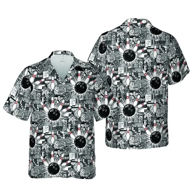 Bowling Enthusiast Hawaiian Black Ball White Pin Red Stripe Impact Lane Design Short-sleeve Hawaiian Shirt - 1