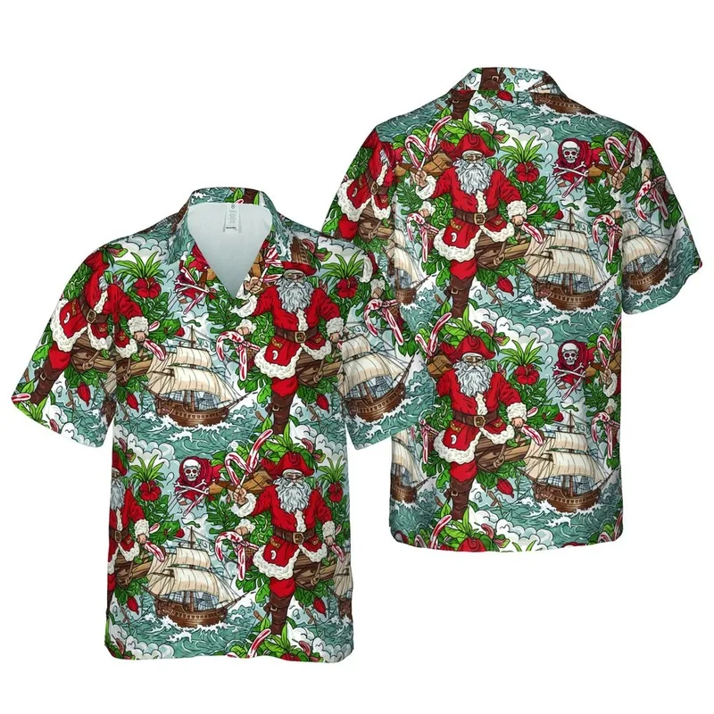 Pirate Santa Claus Candy Cane Hawaiian Tall Ship Rigging Stormy Ocean Skull Crossbones Short-sleeve Hawaiian Shirt - 1