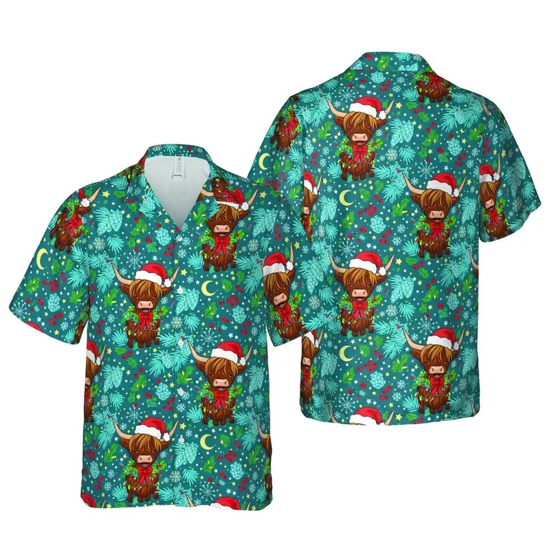 Highland Cow Santa Hat Pine Berries Holly Christmas Snowflakes Pattern Short-sleeve Hawaiian Shirt - 1