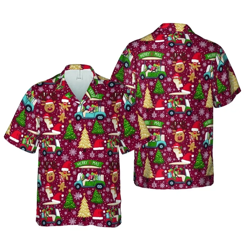 Christmas Golf Cart Reindeer Hawaiian Pattern: Gifts, Gingerbread, MERRY X-MAS Short-sleeve Hawaiian Shirt - 1
