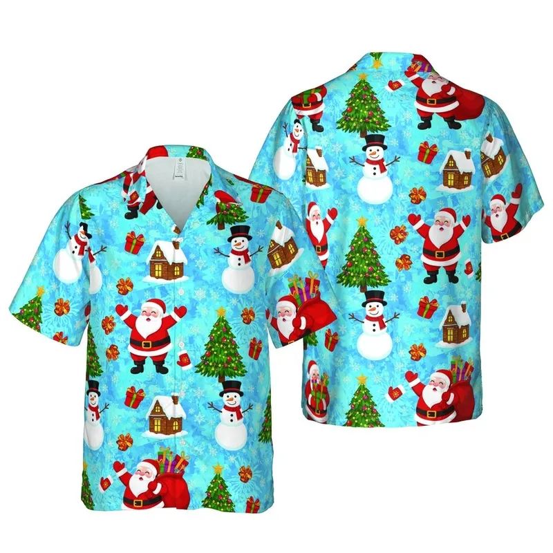 Hawaiian Santa Snowman Christmas Tree Winter Cottage Blue Snow Holiday Scene Short-sleeve Hawaiian Shirt - 1