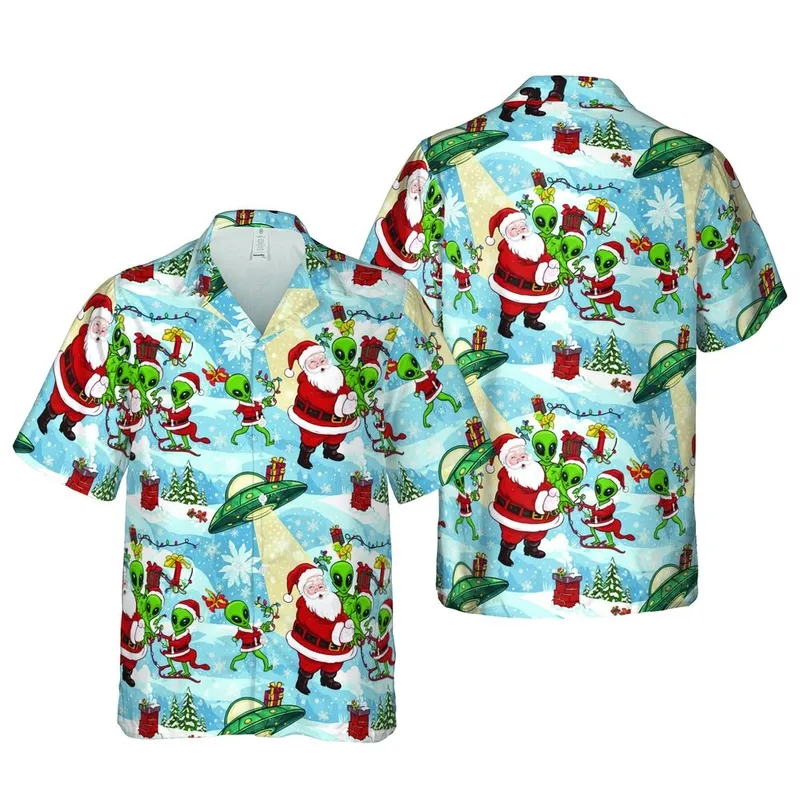 Santa Claus Alien Hawaiian Pattern, UFO Beams, Gift Sleighs, Snow Hills Scene Short-sleeve Hawaiian Shirt - 1
