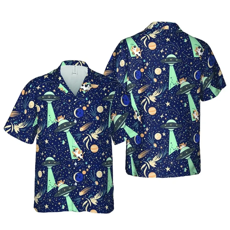 Cosmic Cats Hawaiian Pattern: Flying Saucer Abduction, Planets, Moons, Stars, Beige Navy Short-sleeve Hawaiian Shirt - 1