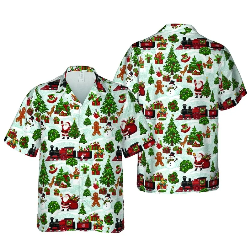 Christmas Hawaiian Pattern: Steam Locomotives, Santa, Snowmen, Reindeer & Presents Short-sleeve Hawaiian Shirt - 1