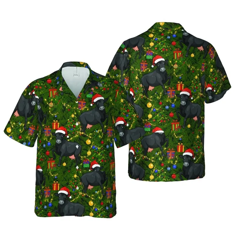 Black Angus Cow Santa Hat Christmas Tropical Pine Tree Gift Box Seamless Design Short-sleeve Hawaiian Shirt - 1
