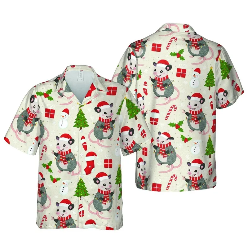 Opossum Christmas Hawaiian Pattern: Santa Hat Scarf Lights Candy Cane Snowman Holly Berry Design Short-sleeve Hawaiian Shirt - 1