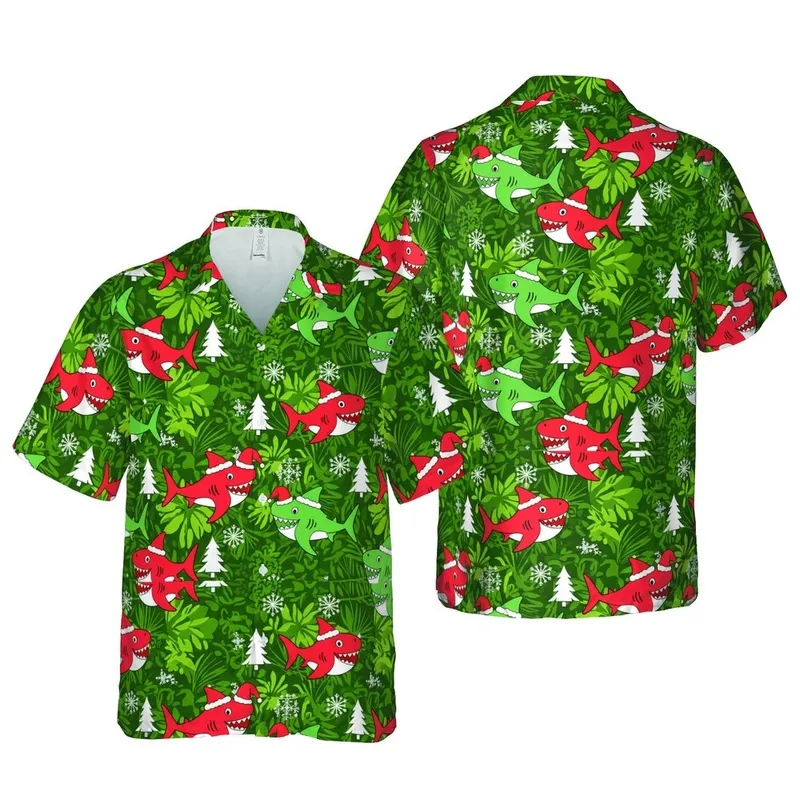 Seamless Hawaiian Cartoon Shark Santa Hat Xmas Tree Snow Forest Green Pattern Short-sleeve Hawaiian Shirt - 1