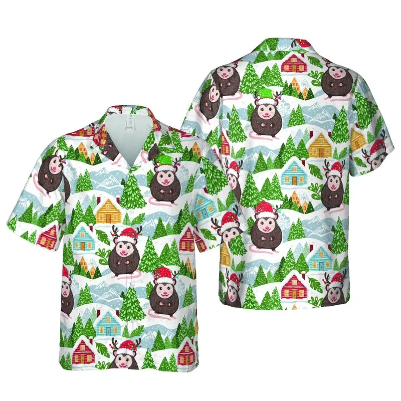 Opossum Santa Hat Antler String Light Snow Cabin Pine Tree Hills Mountain Scene Short-sleeve Hawaiian Shirt - 1
