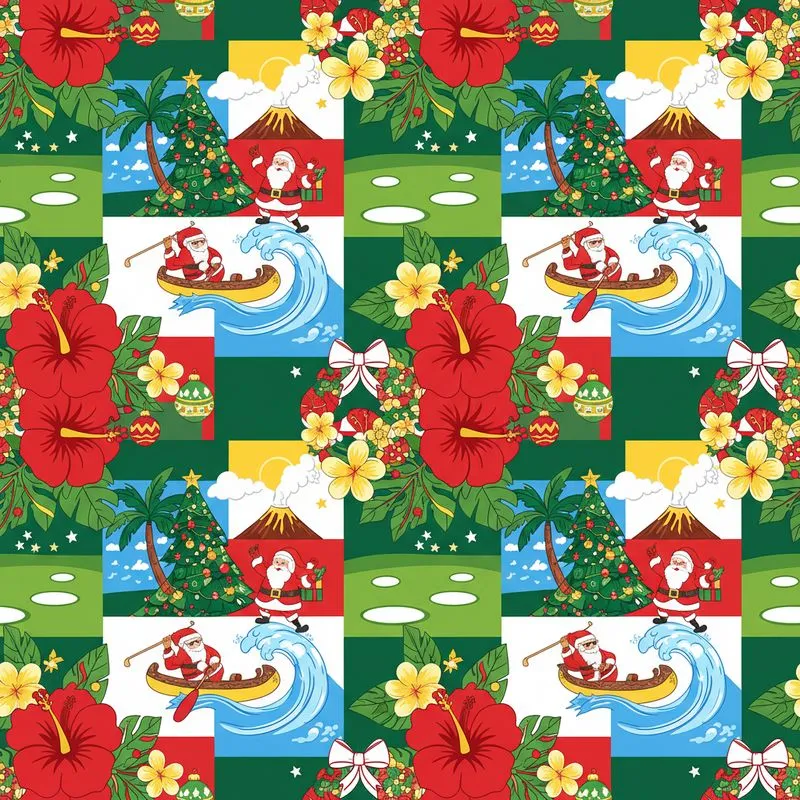 Tropical Christmas Santa Design: Surfing, Golfing, Reindeer, Palm Tree, Hibiscus Short-sleeve Hawaiian Shirt - 1