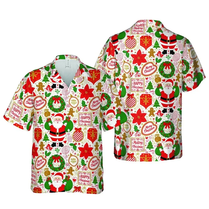 Santa Claus Hawaiian Christmas Gift Boxes Wreaths Holly Poinsettia Reindeer Figures Short-sleeve Hawaiian Shirt - 1