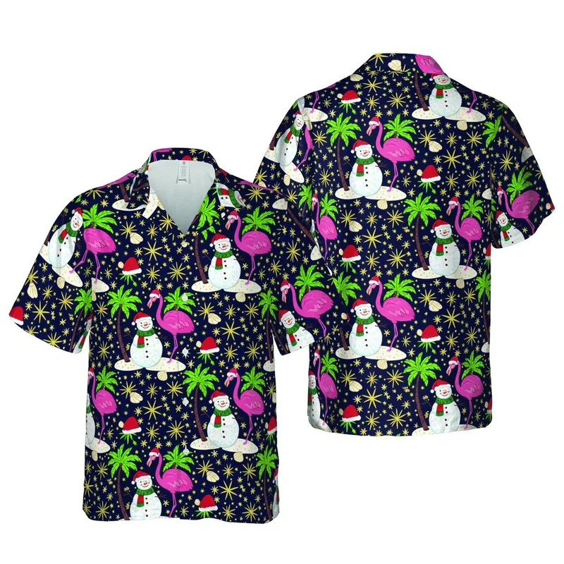 Hawaiian Tropical Christmas Flamingo Snowman Pine Palm Pattern Golden Starburst Mosaic Short-sleeve Hawaiian Shirt - 1