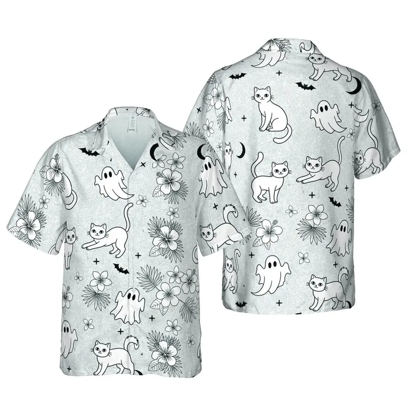 Cat Enthusiast Hawaiian Pattern: Ghost Cats, Black Outlines, Bats, Moons, Stars, Grey Marbled Short-sleeve Hawaiian Shirt - 1